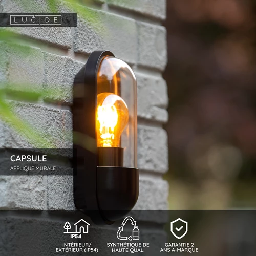 Lucide CAPSULE - Applique murale Intérieur/Extérieur - 1xE27 - IP54 - Noir - USP